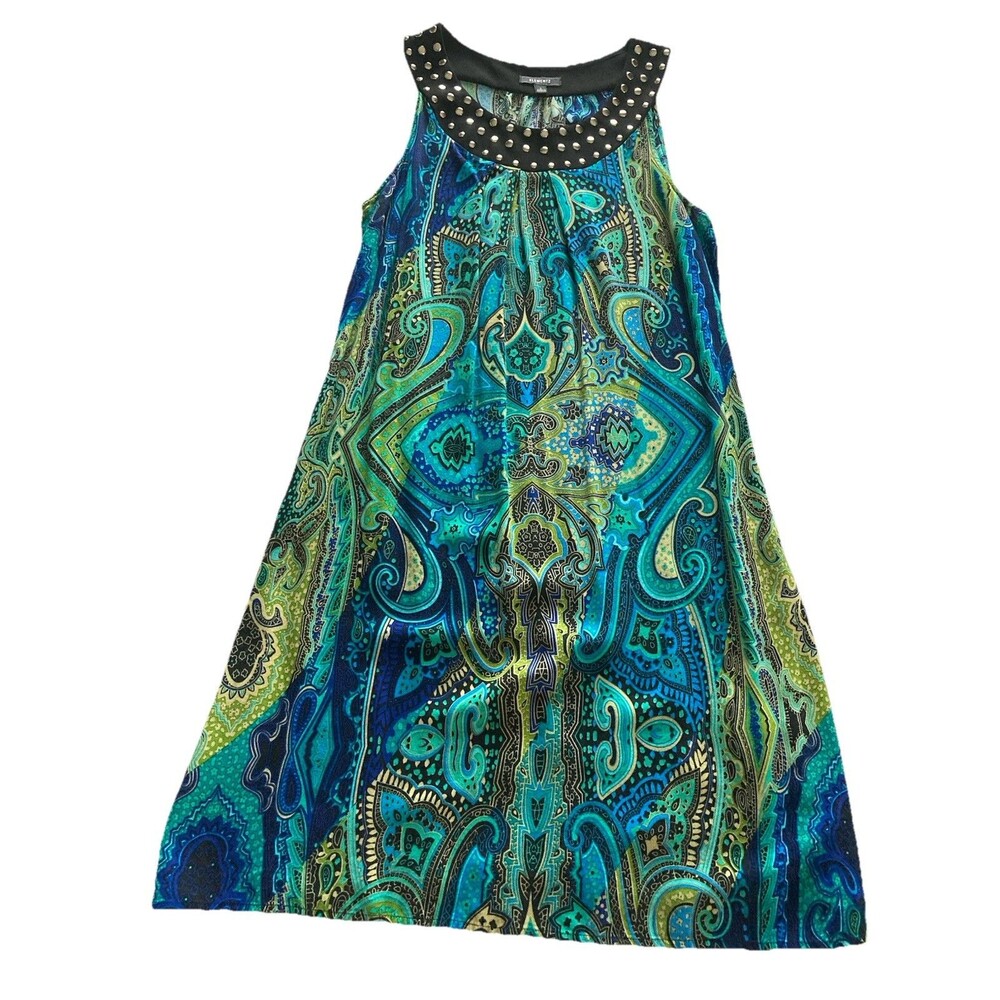 Elementz Women’s Dress Large Blue Green Paisley Studded Neckline Good Condition